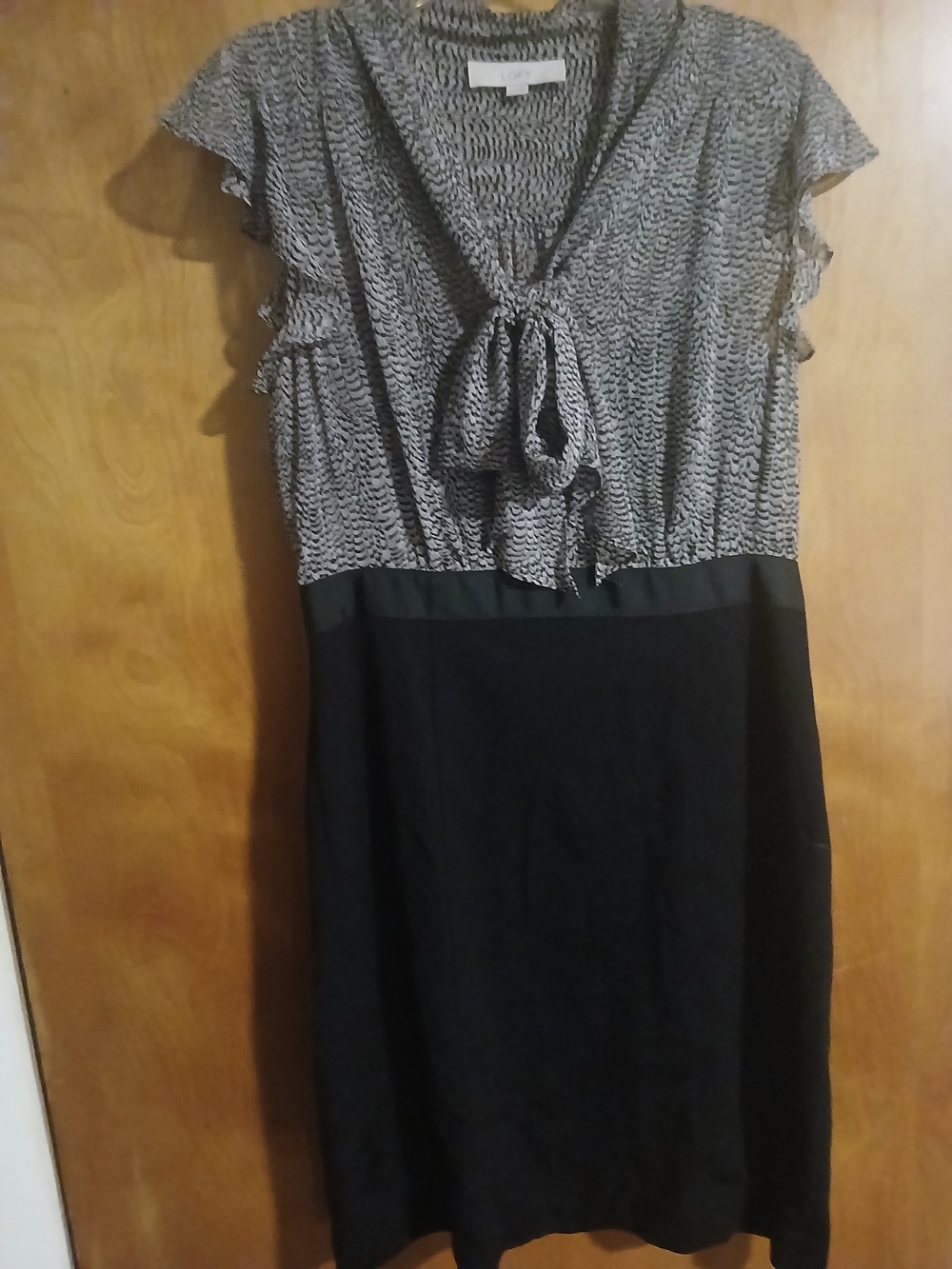 Women's LOFT Black and Gray Printed Tie-Neck Dress